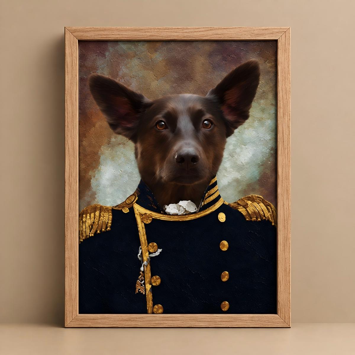 A framed pet portrait painting of a black dog dressed in a navy blue military uniform with gold trim, set against a warm beige background.