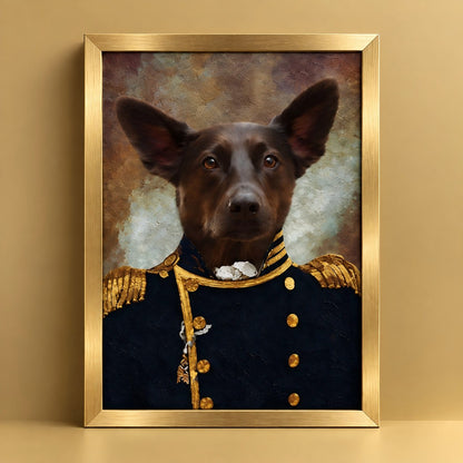A framed pet portrait painting of a black dog dressed in a navy blue military uniform with gold trim, set against a warm beige background.