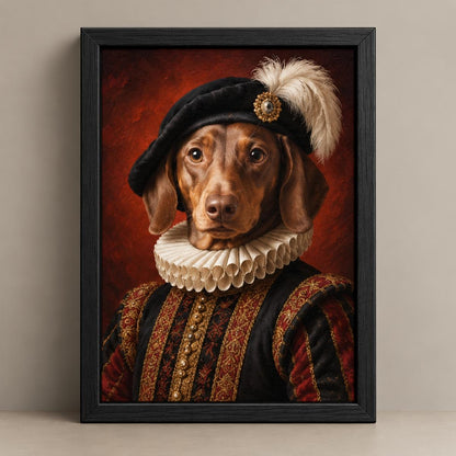 A framed portrait painting of a dachshund dressed in Renaissance-style clothing, leaning against a neutral beige wall. The artwork features a brown dachshund wearing a black velvet hat with a white feather, a white ruff collar, and a dark red and gold patterned doublet.
