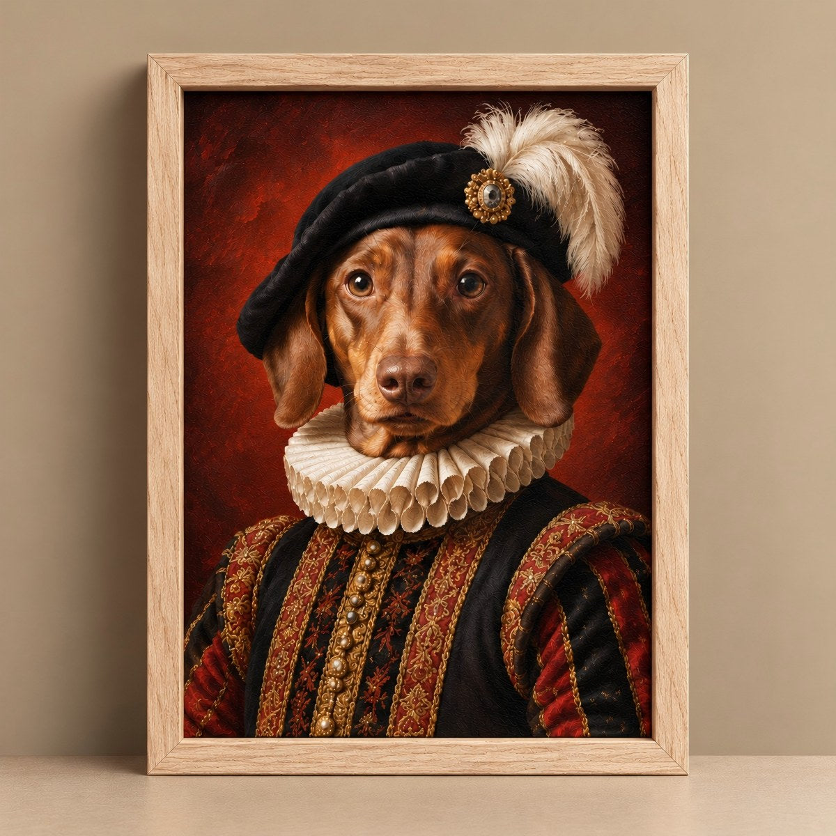 A framed Renaissance-style pet portrait of a dachshund dressed in historical clothing, leaning against a beige wall on a light surface. The artwork shows the dog wearing a black hat with a white feather, a cream ruff collar, and a red-and-gold robe.