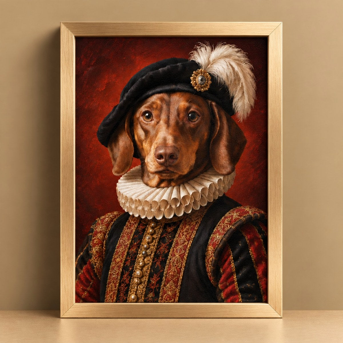 A framed portrait painting of a dachshund dressed in Renaissance-style clothing, leaning against a beige wall on a light surface. The artwork shows the dog wearing a black hat with a white feather, a white ruff collar, and a dark ornate robe against a deep red background.