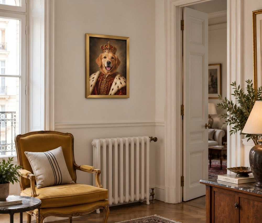 A framed portrait of a golden retriever dressed as a king in a royal robe and crown, hanging on a cream-colored wall in an elegant room with a yellow armchair, radiator, and lamp.