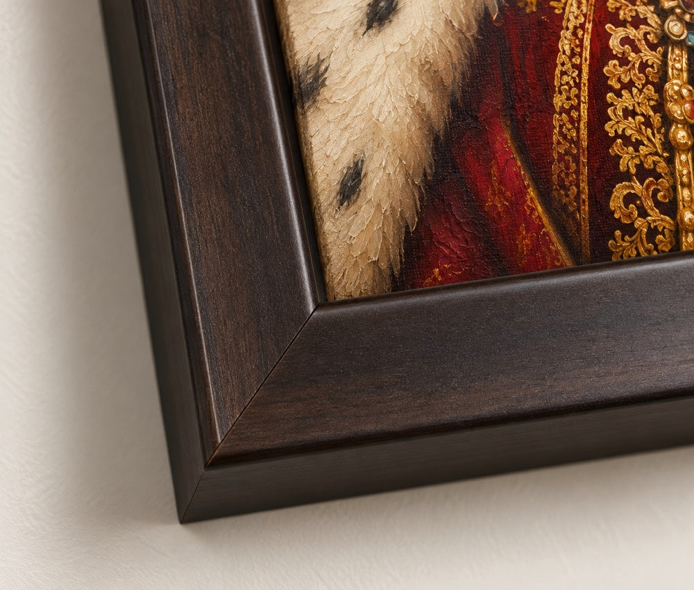 Close-up detail of a framed artwork showing a dark brown wooden frame corner with part of a red and gold embroidered garment and cream fur visible against a light wall.