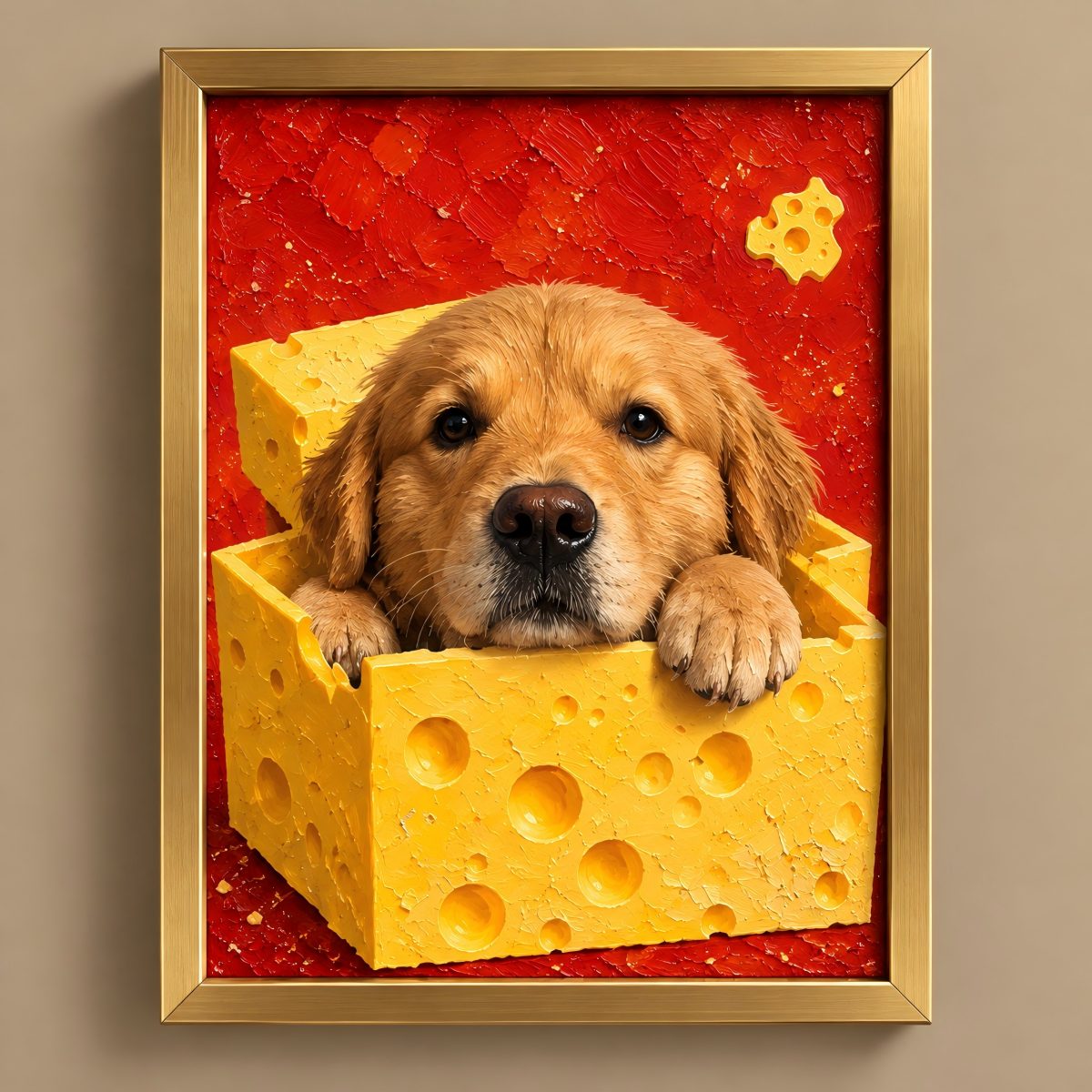 A framed art print featuring a golden retriever puppy peeking out of a yellow cheese block against a textured red background, enclosed in a gold frame and mounted on a beige wall.