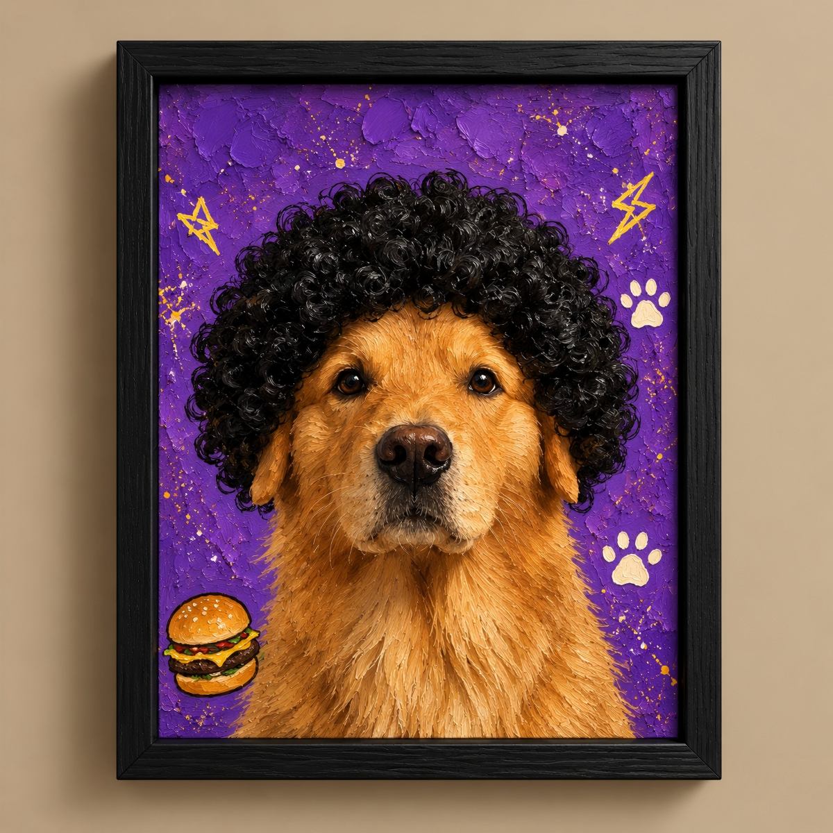 Framed pet portrait artwork showing a golden retriever with a black afro wig against a purple background with gold stars, lightning bolts, paw prints, and a small hamburger illustration. The black frame is mounted on a beige wall.