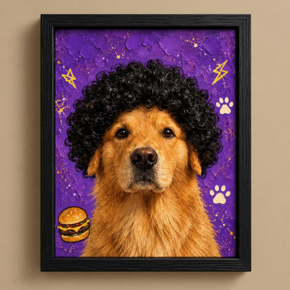 Framed pet portrait artwork showing a golden retriever with a black afro wig against a purple background with gold stars, lightning bolts, paw prints, and a small hamburger illustration. The black frame is mounted on a beige wall.