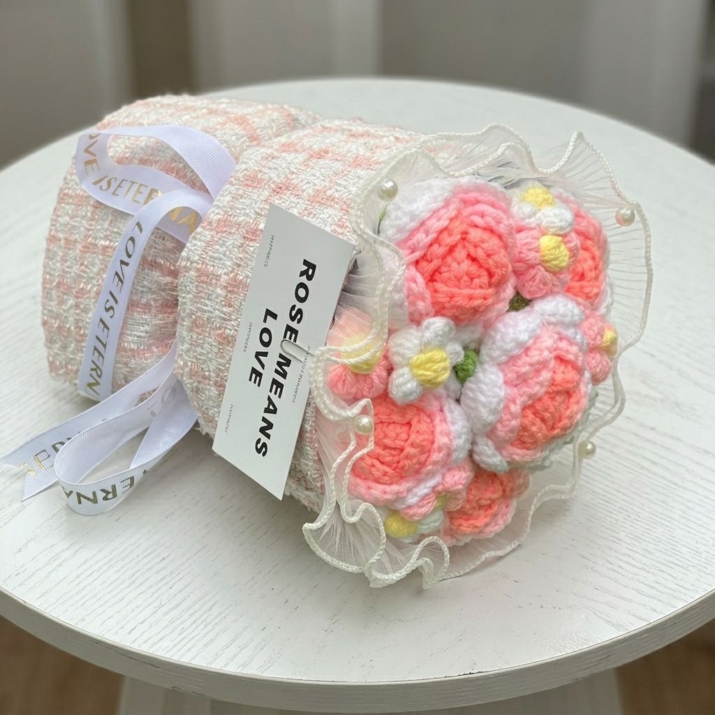 Rolled-up pink yarn with crocheted flowers on a white surface
