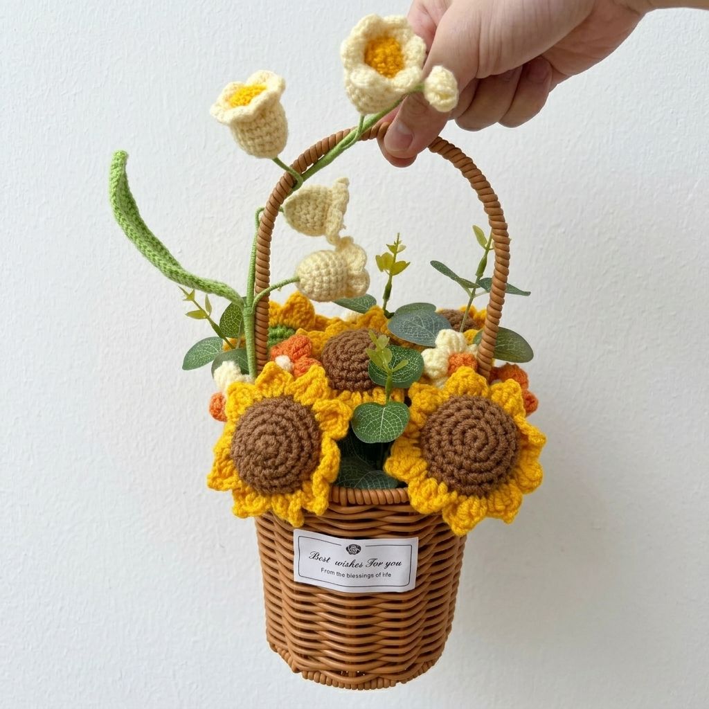Handmade crochet flowers in a woven basket held by a hand on a white background