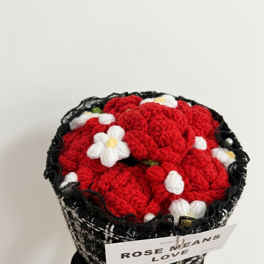 Crocheted red flowers in a black pot with a white card below on a light gray background