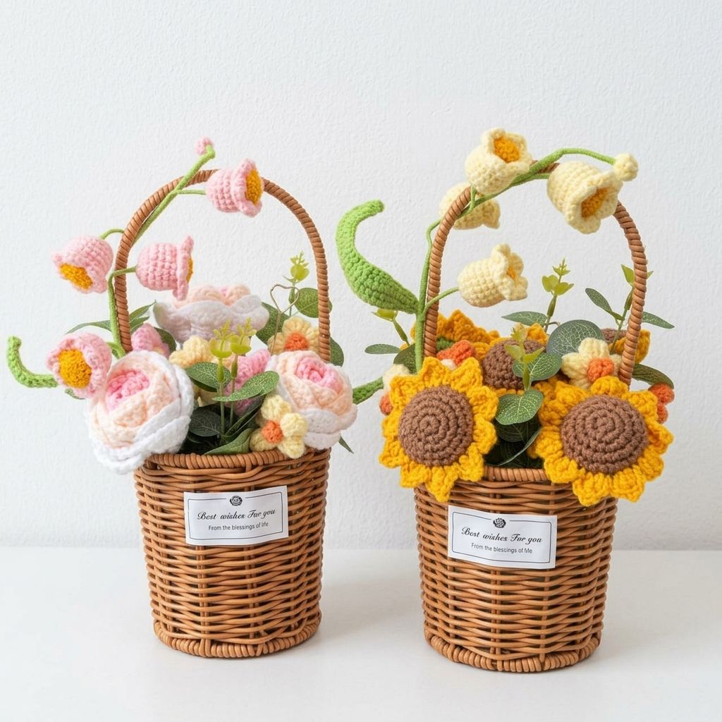 Two woven baskets with crocheted flowers on a white background