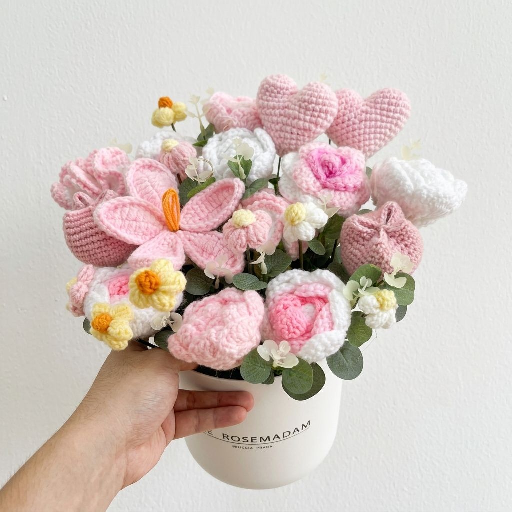 Bouquet of knitted flowers in a white container held by a hand against a light background