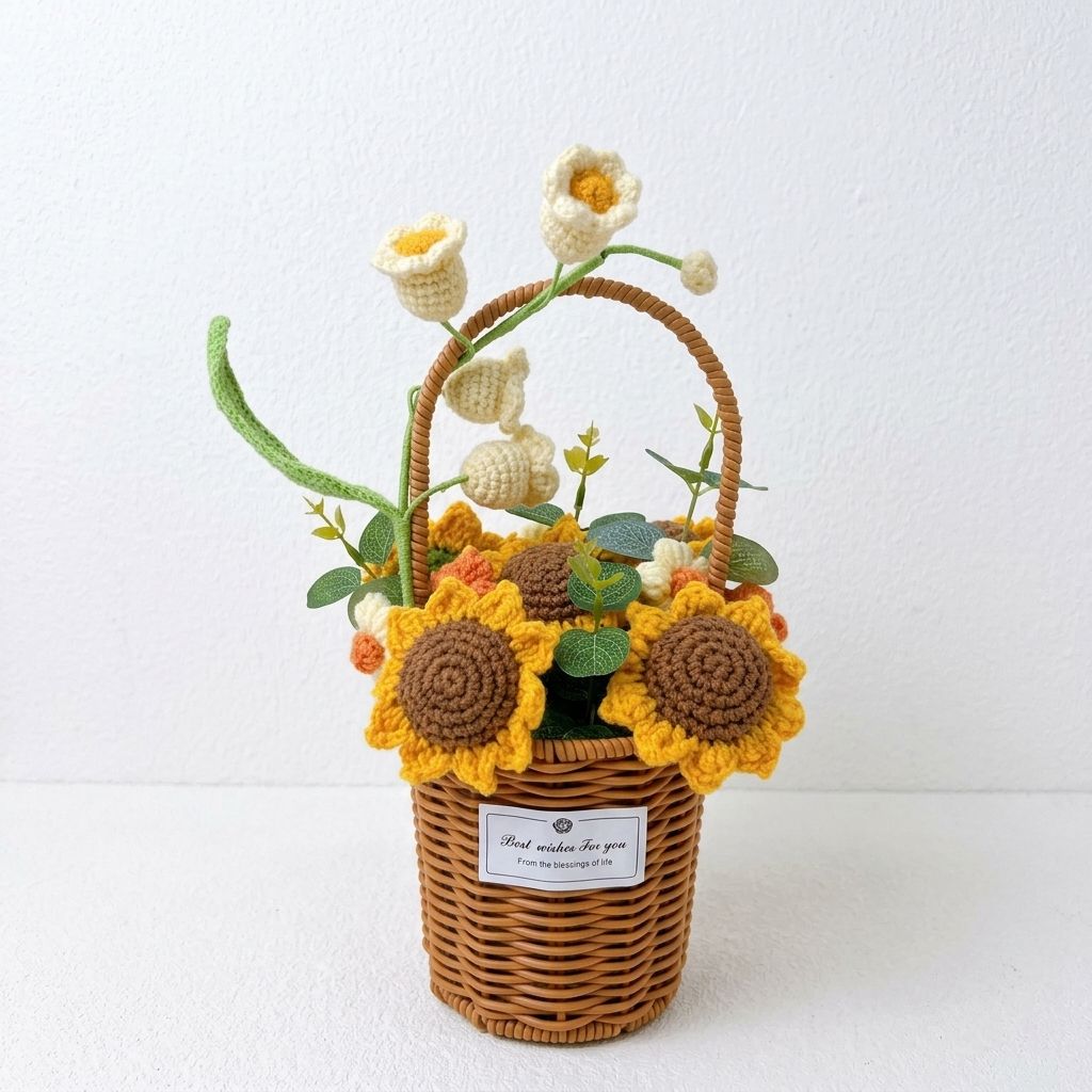 Handmade crochet sunflowers in a wicker basket on a white background