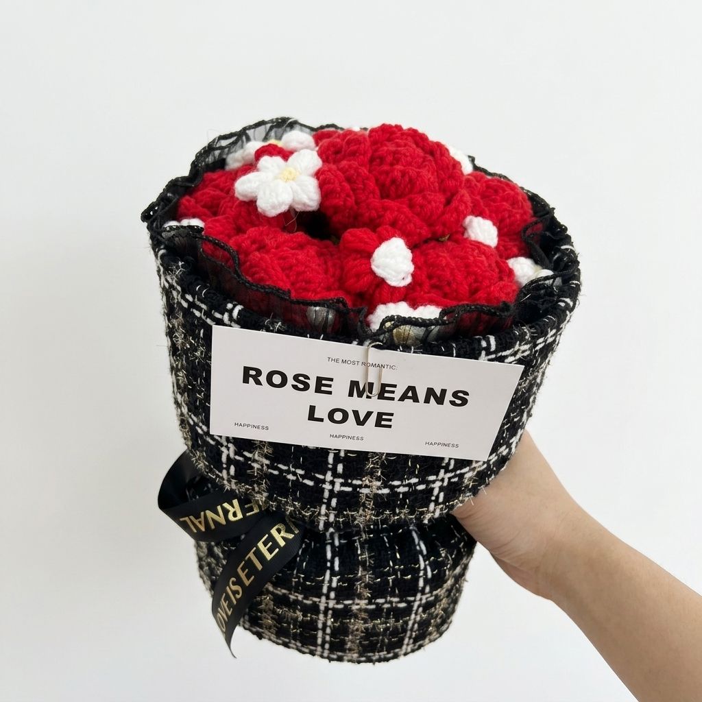Hand holding a bouquet of red and white flowers in a black and white patterned container with 'ROSE MEANS LOVE' text.