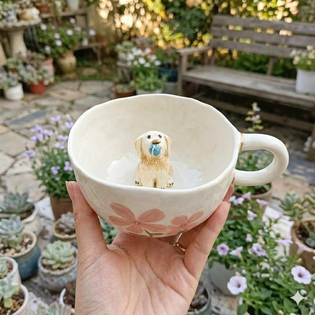 Hand holding a ceramic cup with a small dog figurine in a garden setting