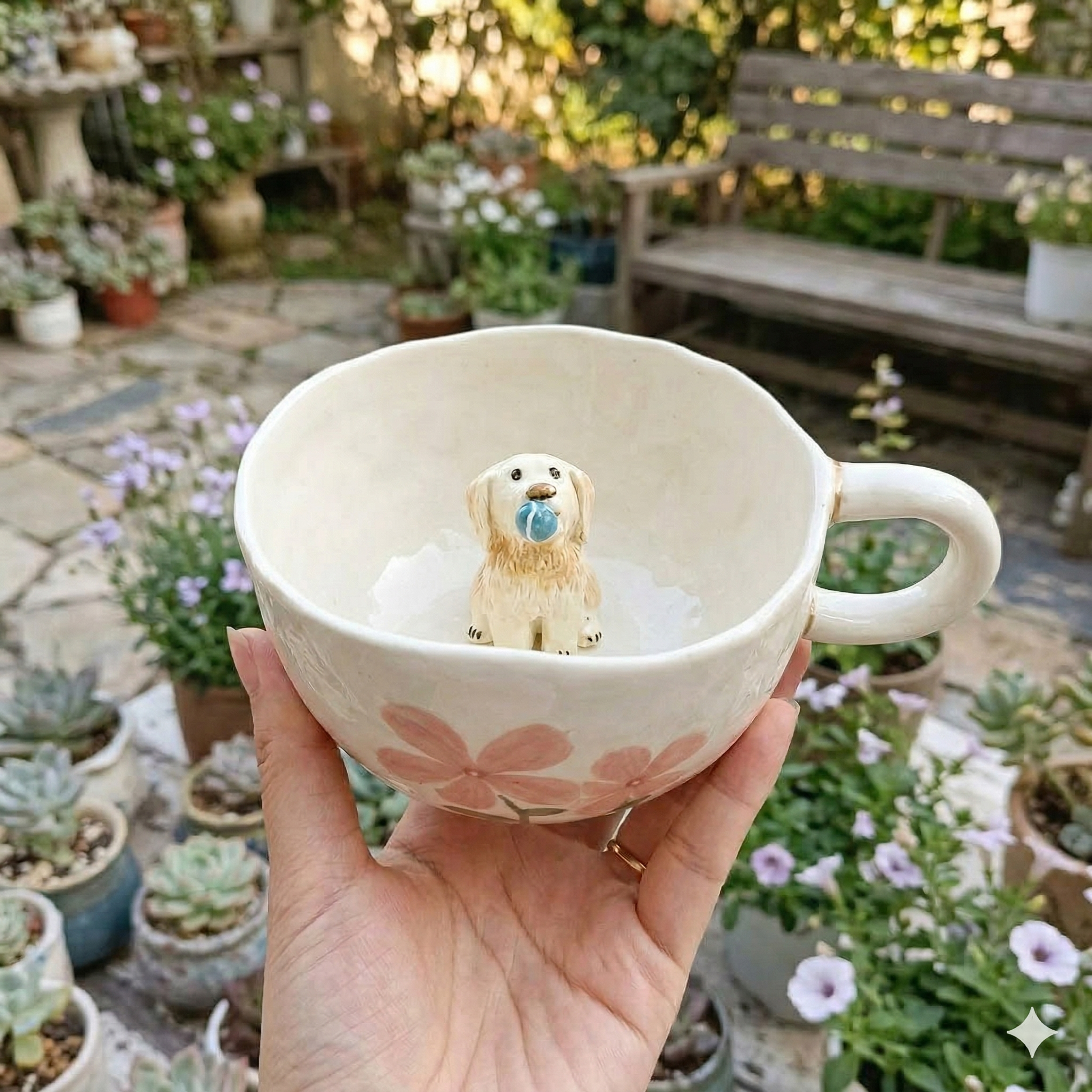 Hand holding a ceramic cup with a small dog figurine in a garden setting
