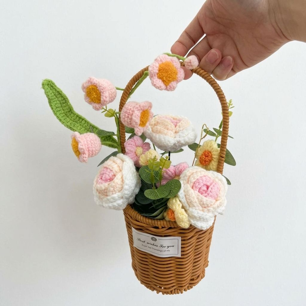Handmade flower basket with pink and white flowers held by a hand on a white background