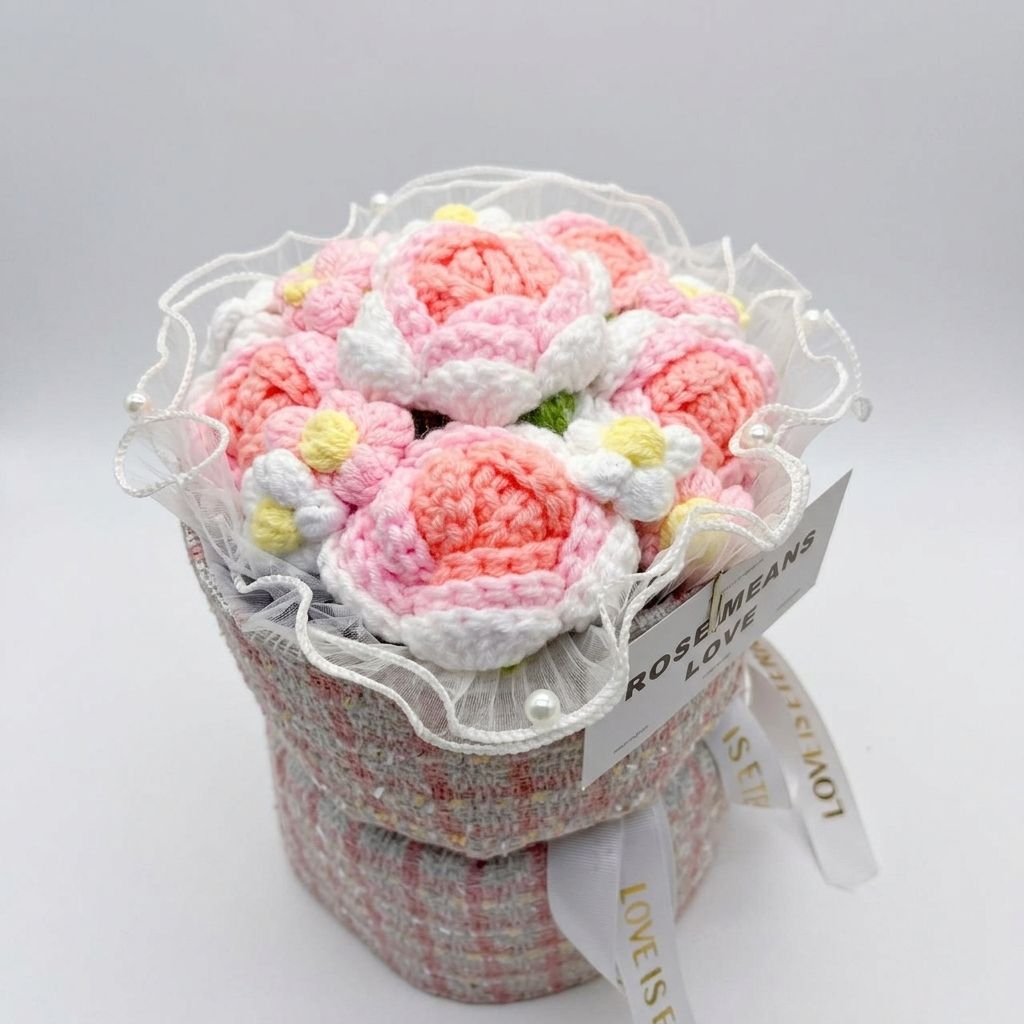 Crocheted pink flowers in a textured pot with a white label on a light gray background
