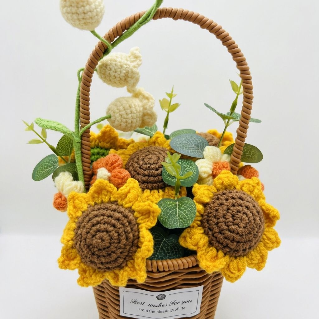 Crocheted sunflowers and flowers in a basket with a white background