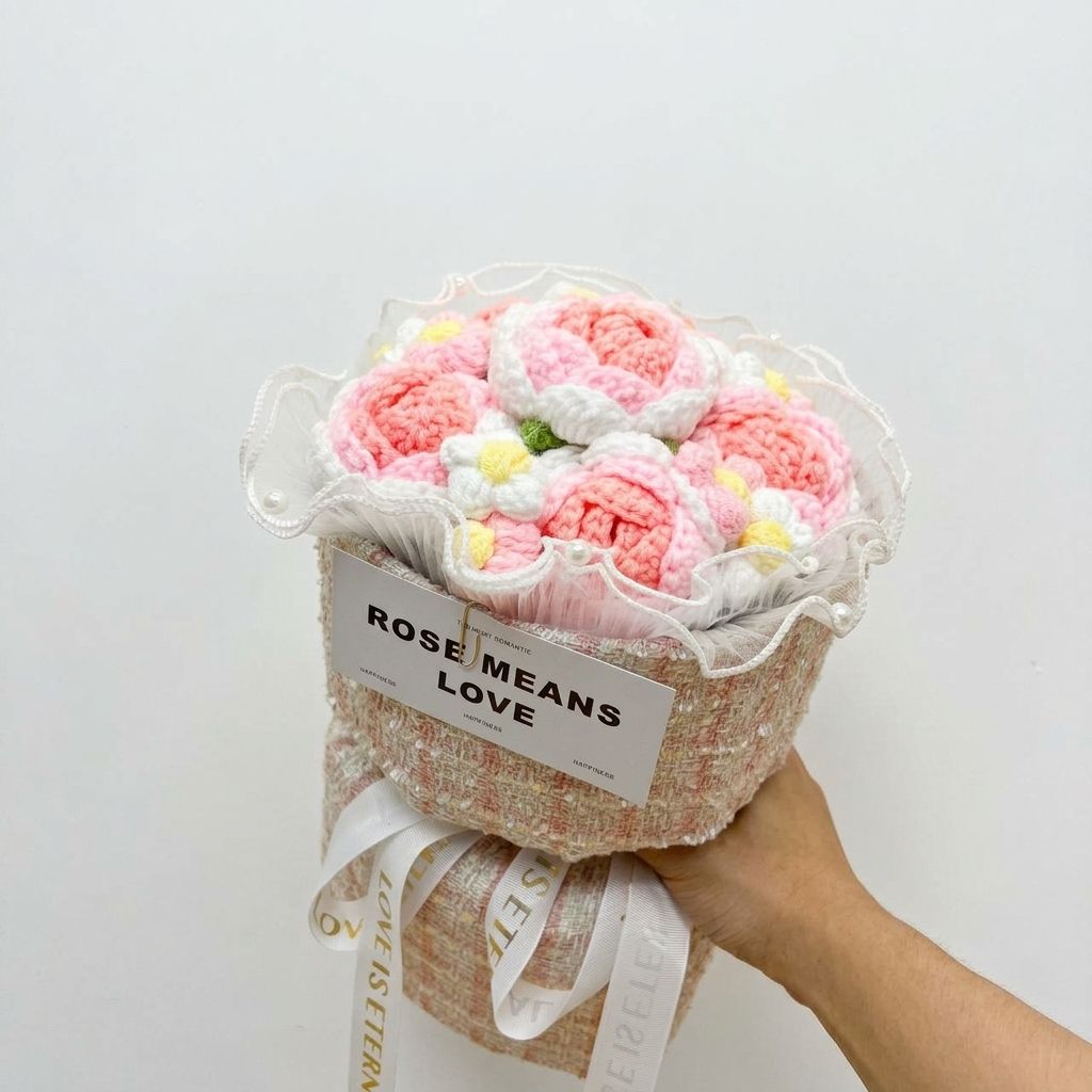 Bouquet of crocheted flowers in a textured container with 'ROSE MEANS LOVE' text on a light gray background.
