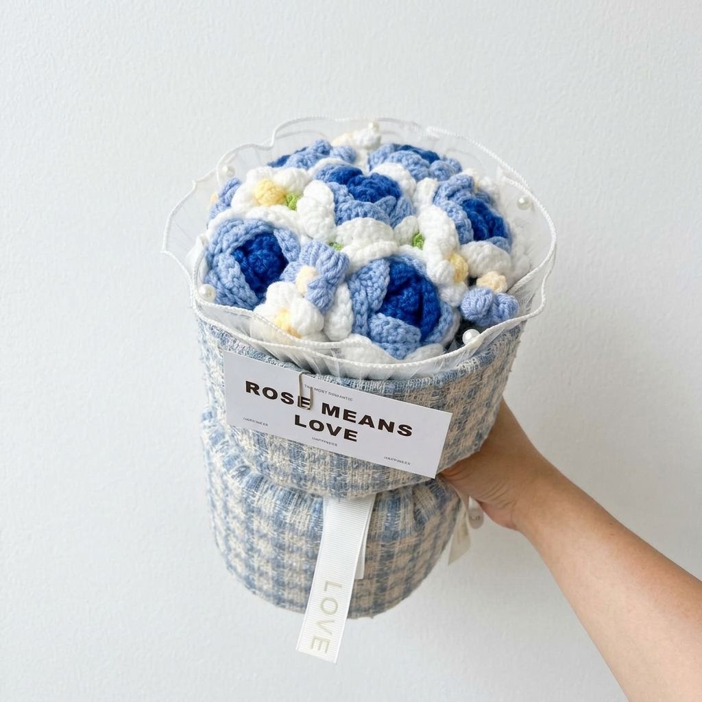 Hand holding a bouquet of blue and white flowers with a 'Rose Means Love' tag against a light background