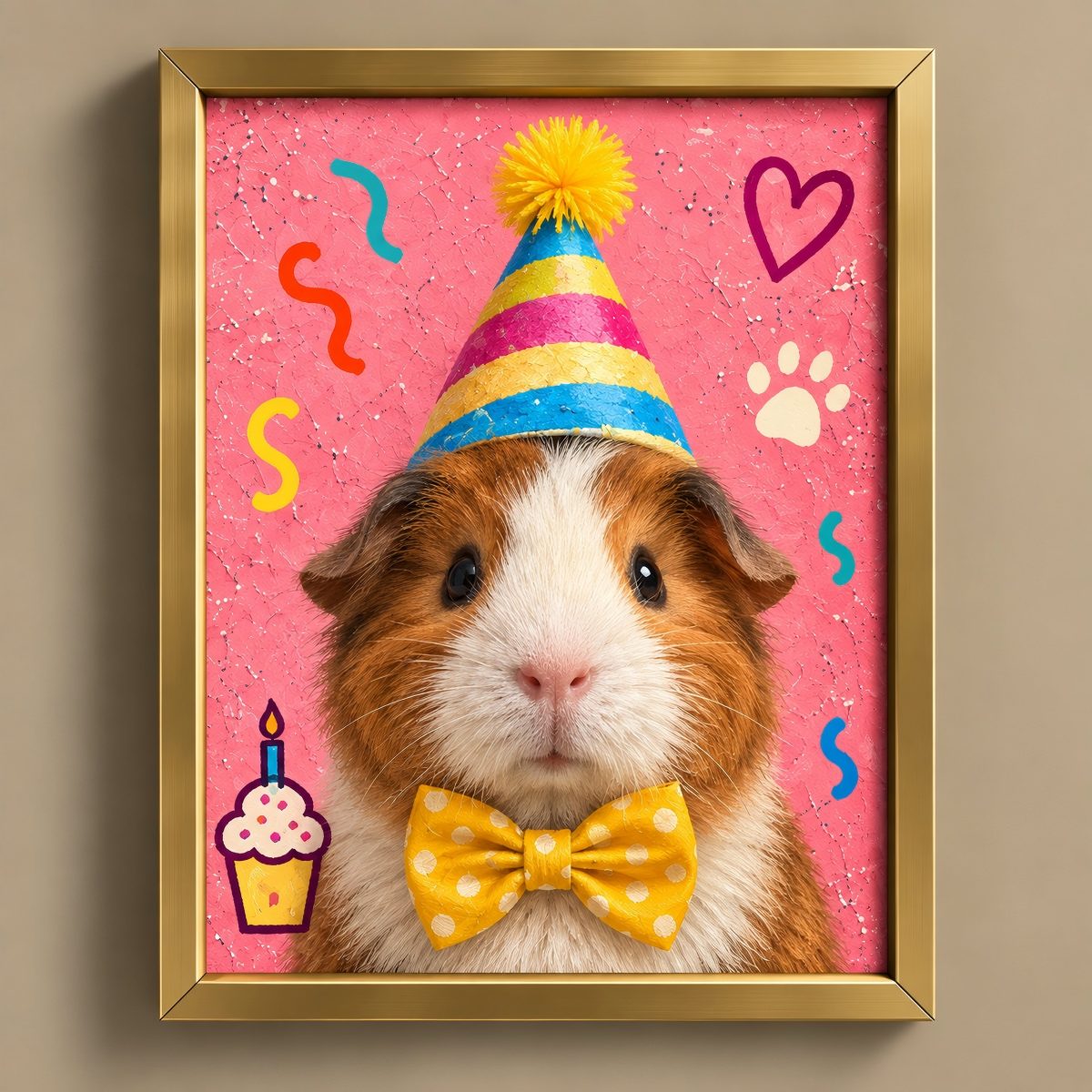 A framed custom pet portrait featuring a brown and white guinea pig wearing a colorful striped party hat and yellow polka-dot bow tie, set against a pink glittery background with birthday-themed doodles. The artwork is enclosed in a gold frame and displayed on a neutral beige wall.