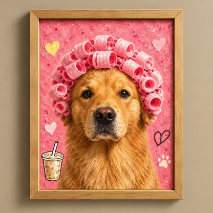 Framed pet portrait art print featuring a golden retriever with pink hair curlers on a textured pink background, shown in a light wood frame against a beige wall.