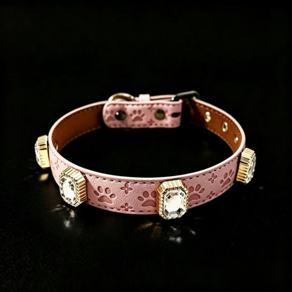 Pink dog collar with gold accents on a black background
