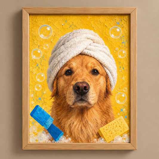A framed pet portrait print showing a golden retriever with a white towel wrapped around its head, set against a bright yellow bubbly background. The artwork is housed in a light natural wood frame and displayed against a neutral beige wall.