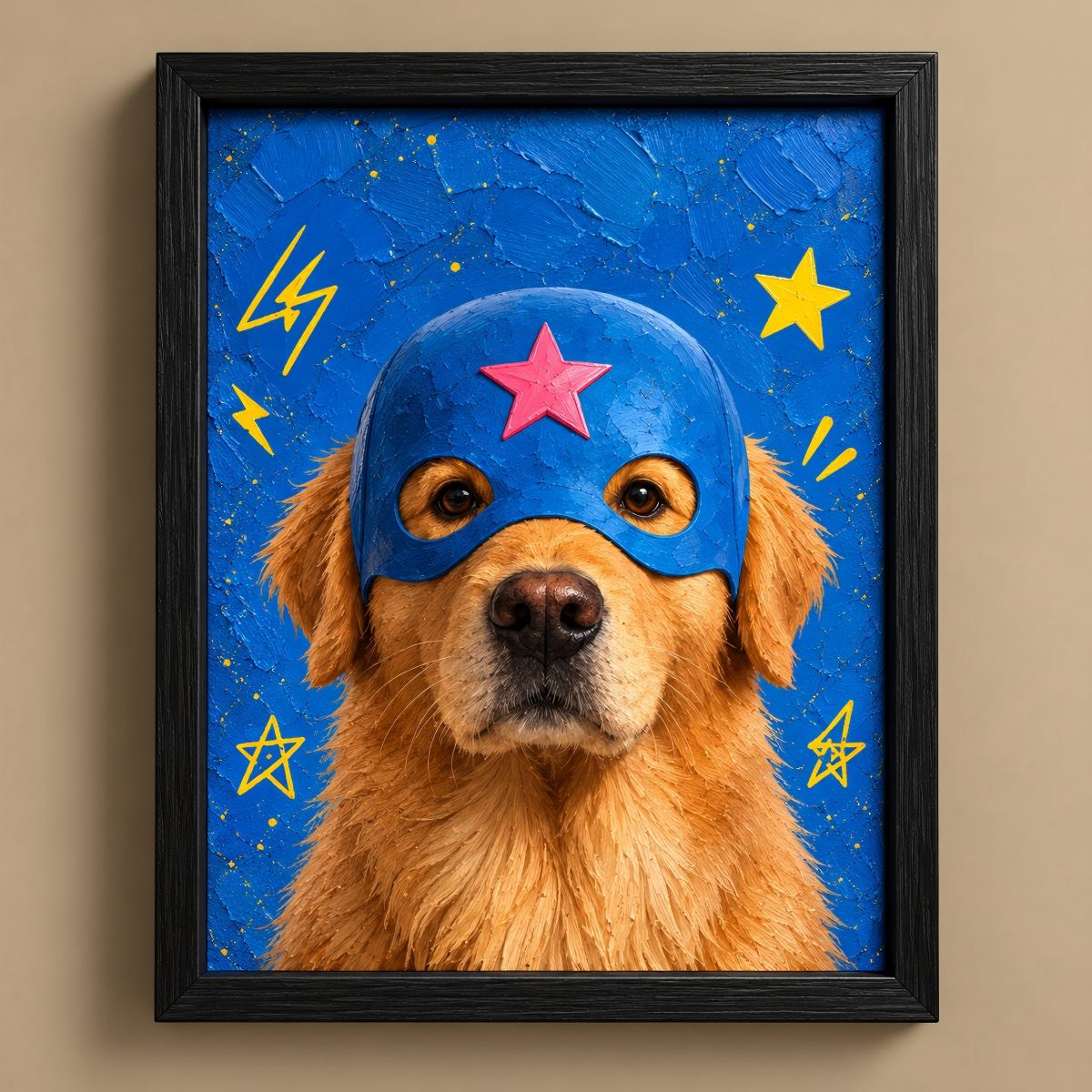 Framed wall art featuring a golden retriever dog wearing a blue superhero mask with a pink star, set against a textured blue background with yellow stars and lightning bolts, displayed on a beige wall.