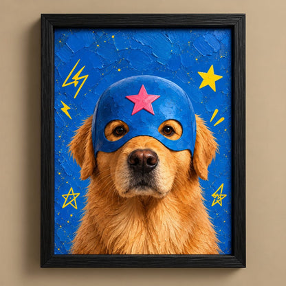 Framed wall art featuring a golden retriever dog wearing a blue superhero mask with a pink star, set against a textured blue background with yellow stars and lightning bolts, displayed on a beige wall.