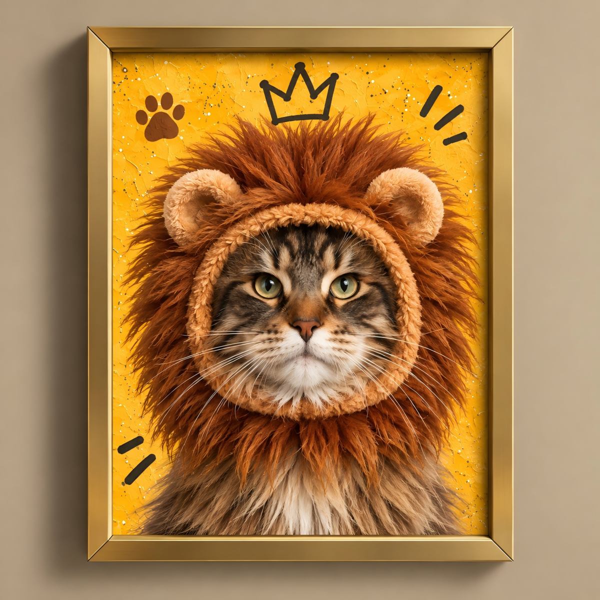 A framed pet portrait print showing a tabby cat wearing a lion costume, with a golden-yellow background, black crown and paw-print doodles, and a gold frame on a beige wall.