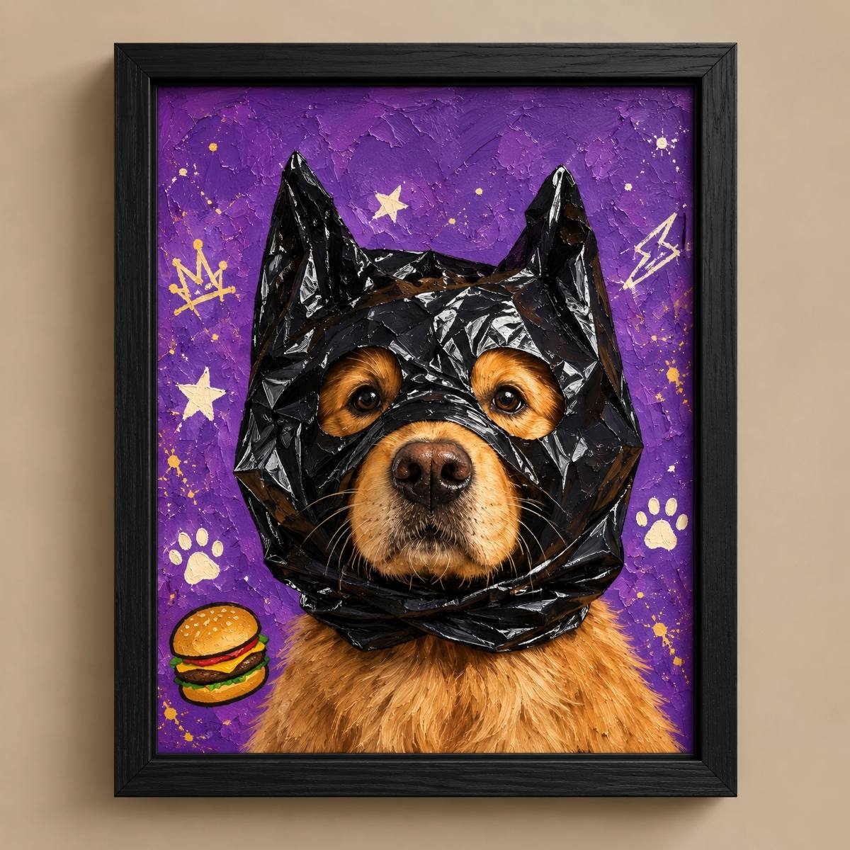 A framed pet portrait print featuring a golden-brown dog wearing a black plastic bag as a mask, set against a purple starry background with paw prints and a small hamburger illustration. The artwork is displayed in a black frame on a beige wall.
