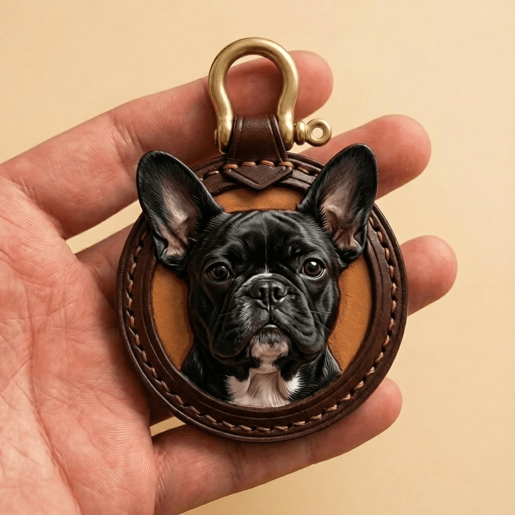 Custom Leather Pet Portrait Keychain with a dog's face design held in a hand against a beige background