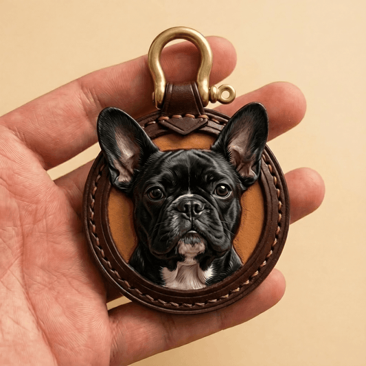 Custom Leather Pet Portrait Keychain with a dog's face design held in a hand against a beige background