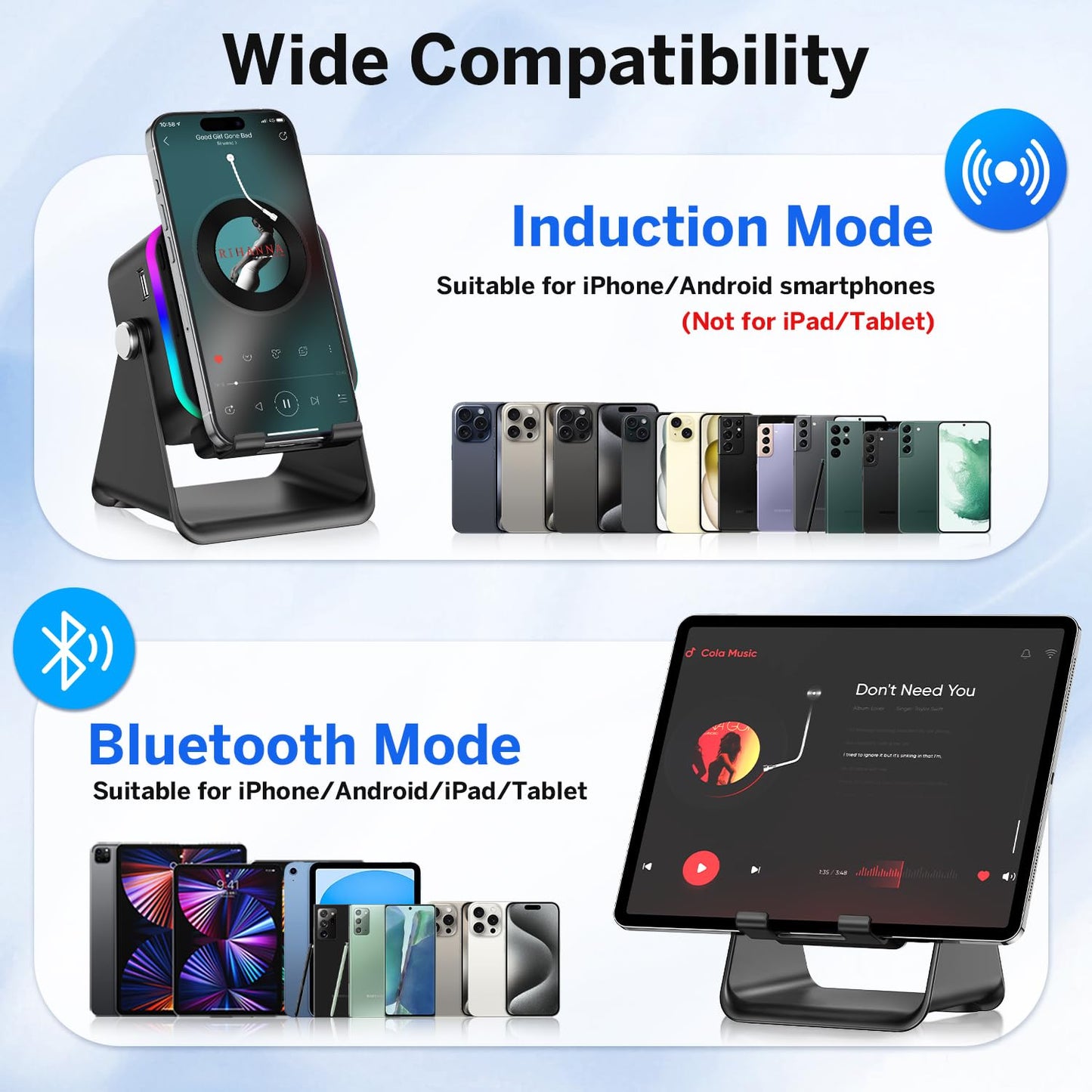 The induction speaker for iphone is compatible with 4-13 inch iPhone/Android/iPad/Tablets