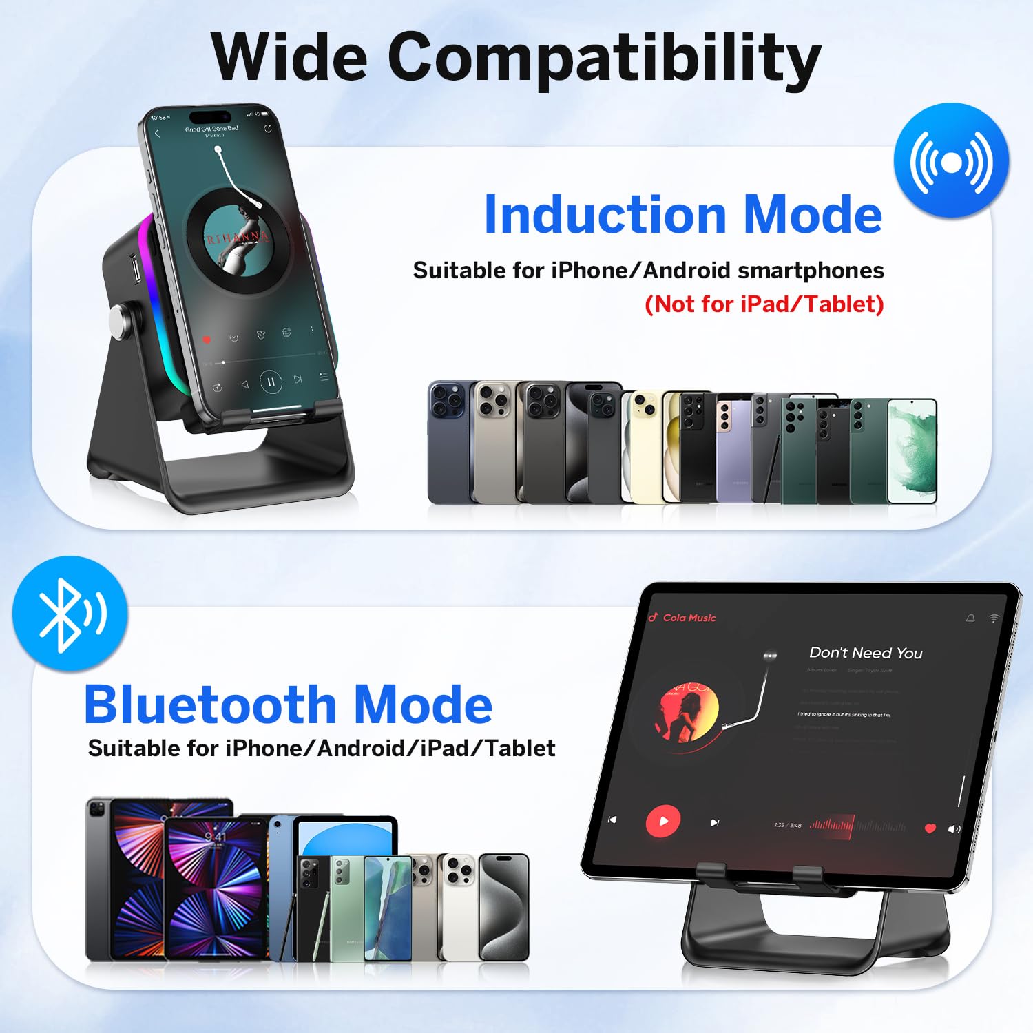 The induction speaker for iphone is compatible with 4-13 inch iPhone/Android/iPad/Tablets