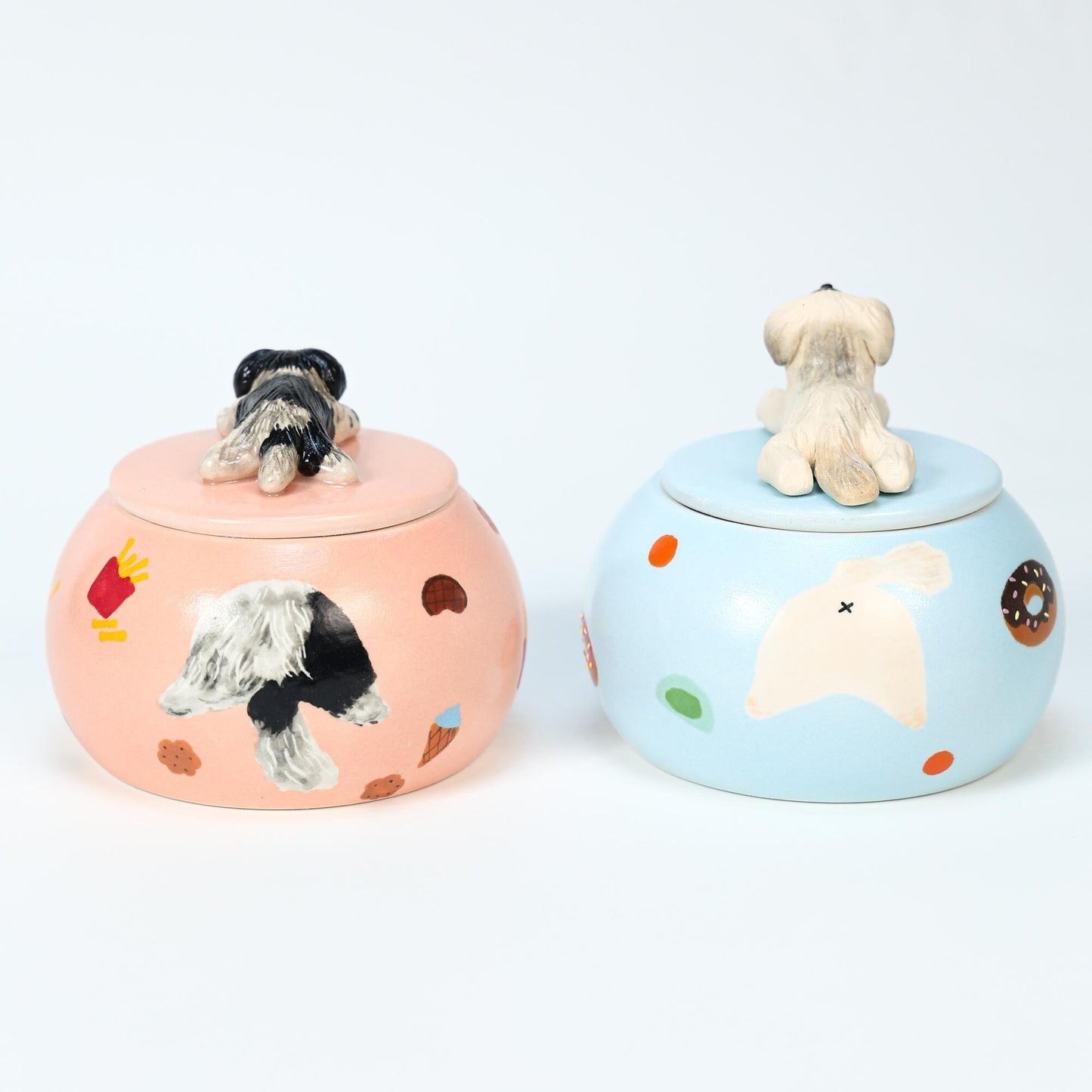 Custom ceramic urn with dog design on a white background