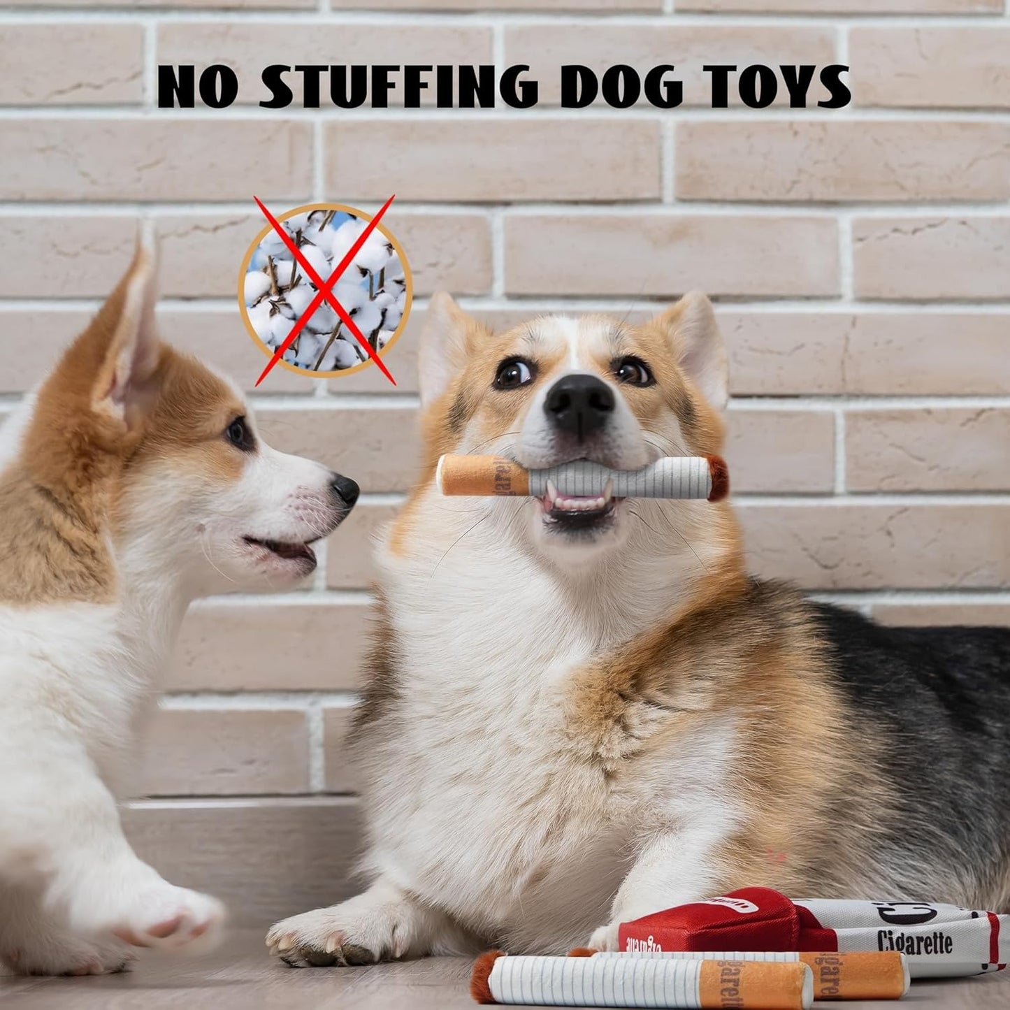 Two dogs playing with no stuffing dog toys against a brick wall background.