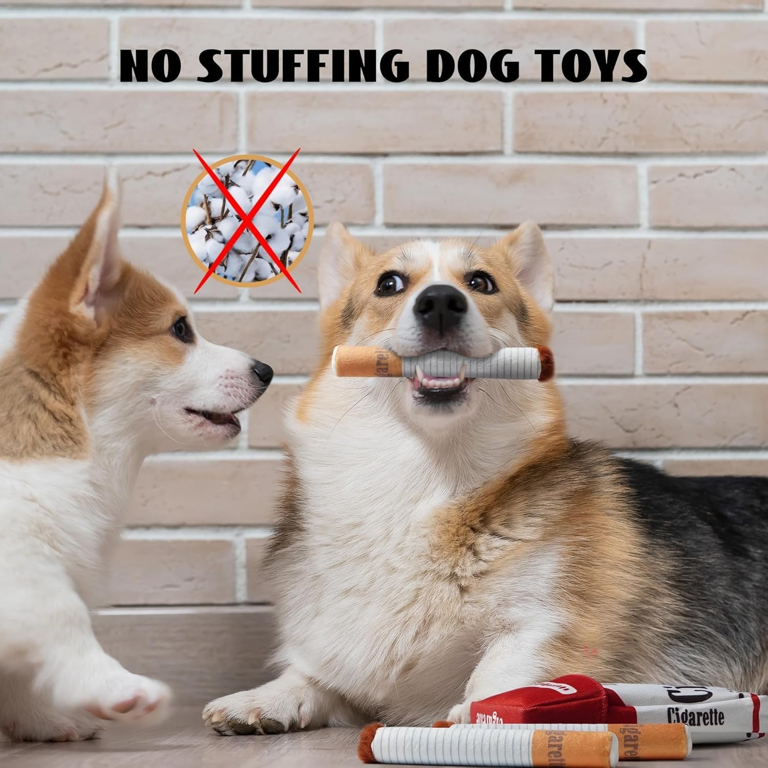 Two dogs playing with no stuffing dog toys against a brick wall background.