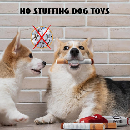 Two dogs playing with no stuffing dog toys against a brick wall background.