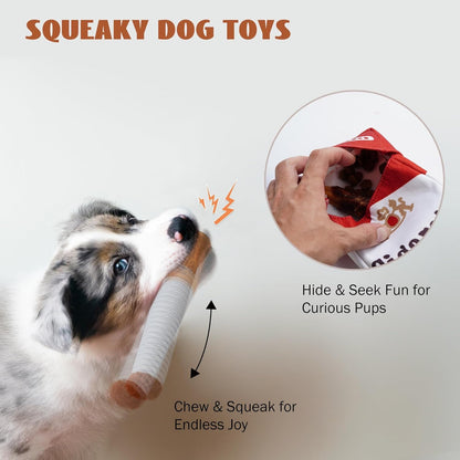 Dog playing with a squeaky toy, with text highlighting features like 'Hide & Seek Fun for Curious Pups' and 'Chew & Squeak for Endless Joy'.