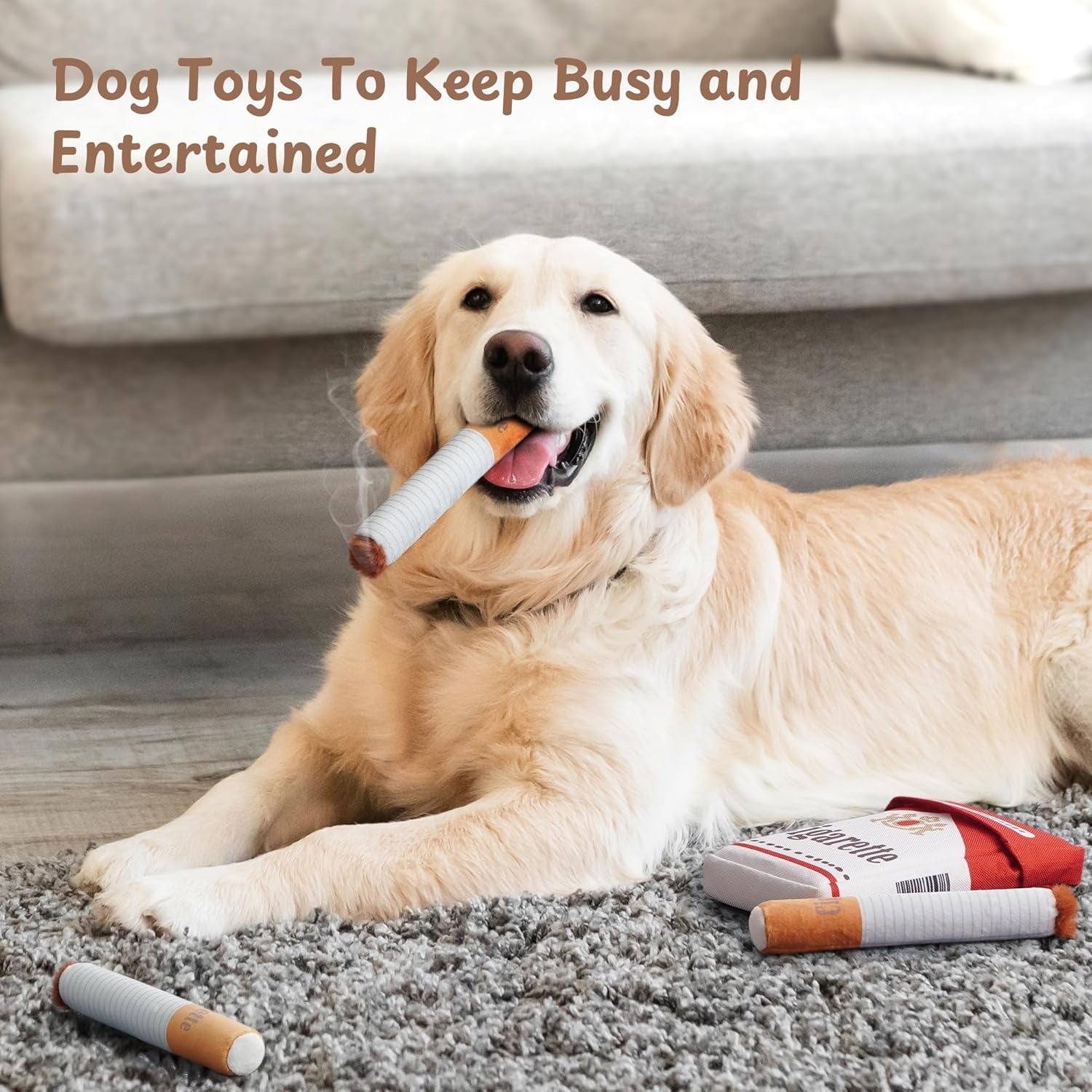 Dog playing with a toy on a carpeted floor with text 'Dog Toys To Keep Busy and Entertained'.