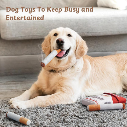 Dog playing with a toy on a carpeted floor with text 'Dog Toys To Keep Busy and Entertained'.