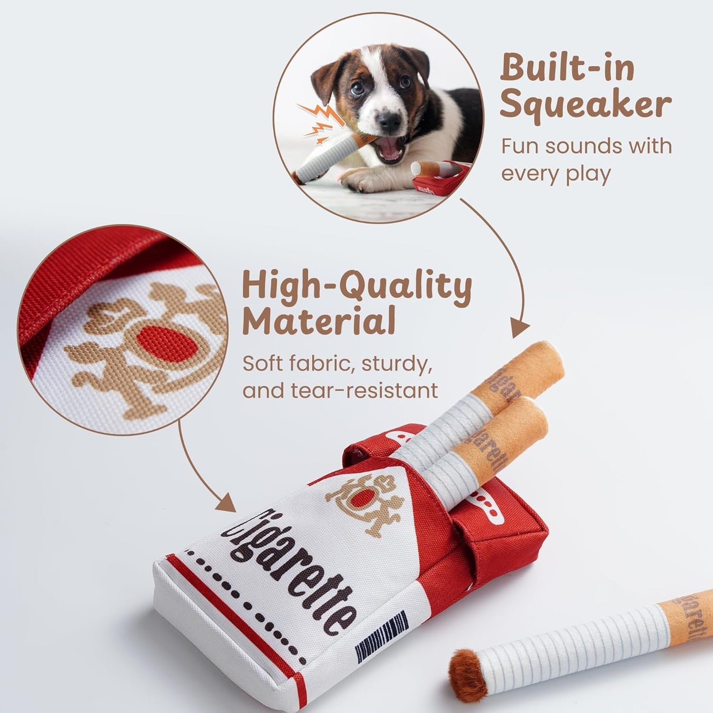 Dog toy resembling a pack of cigarettes with text about features on a light gray background