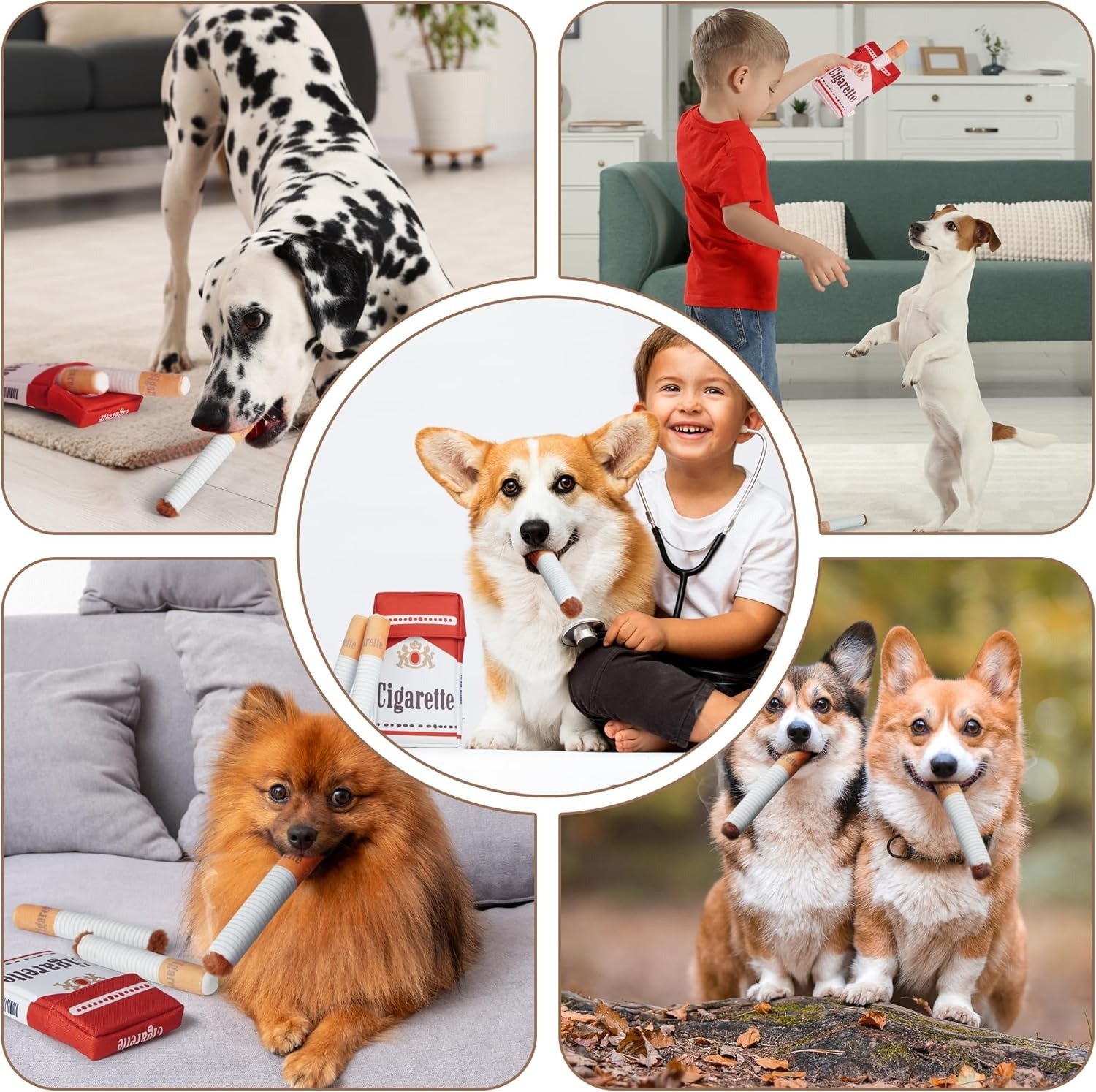 Collage of dogs with cigarettes and cigars in various settings, including a child and a Dalmatian.