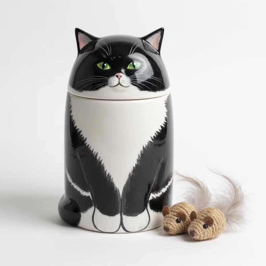 Cat-shaped cookie jar with a small knitted mouse toy on a white background