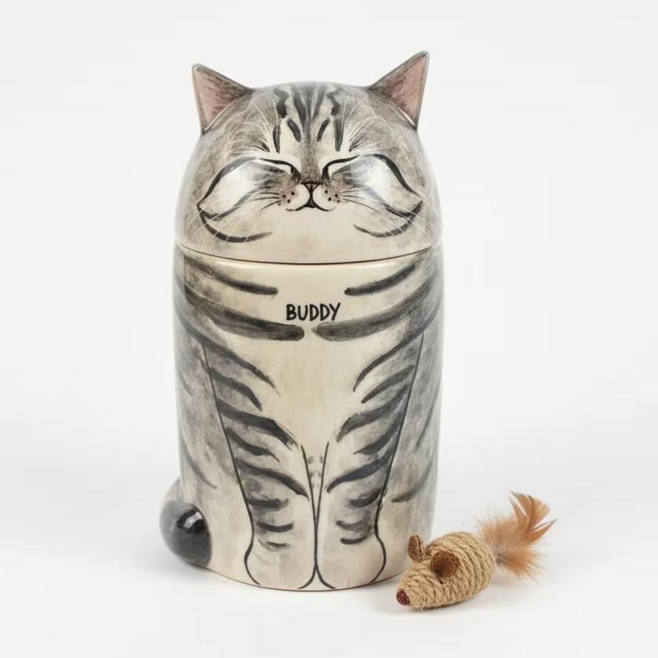 Cat-shaped ceramic jar with 'Buddy' on a white background