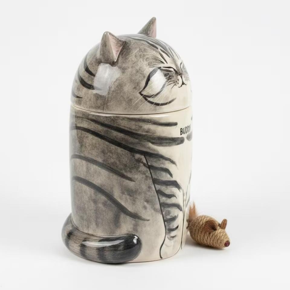 Cat-shaped container with a small mouse toy on a white background
