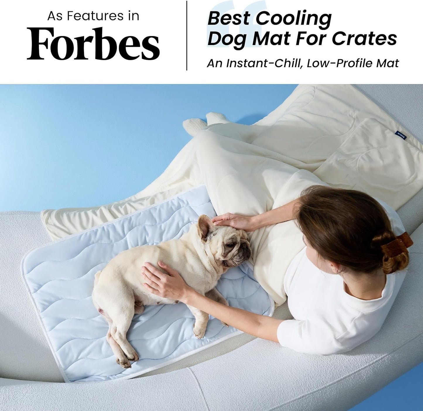 Dog lying on a cooling mat with a person petting it, featuring in Forbes.