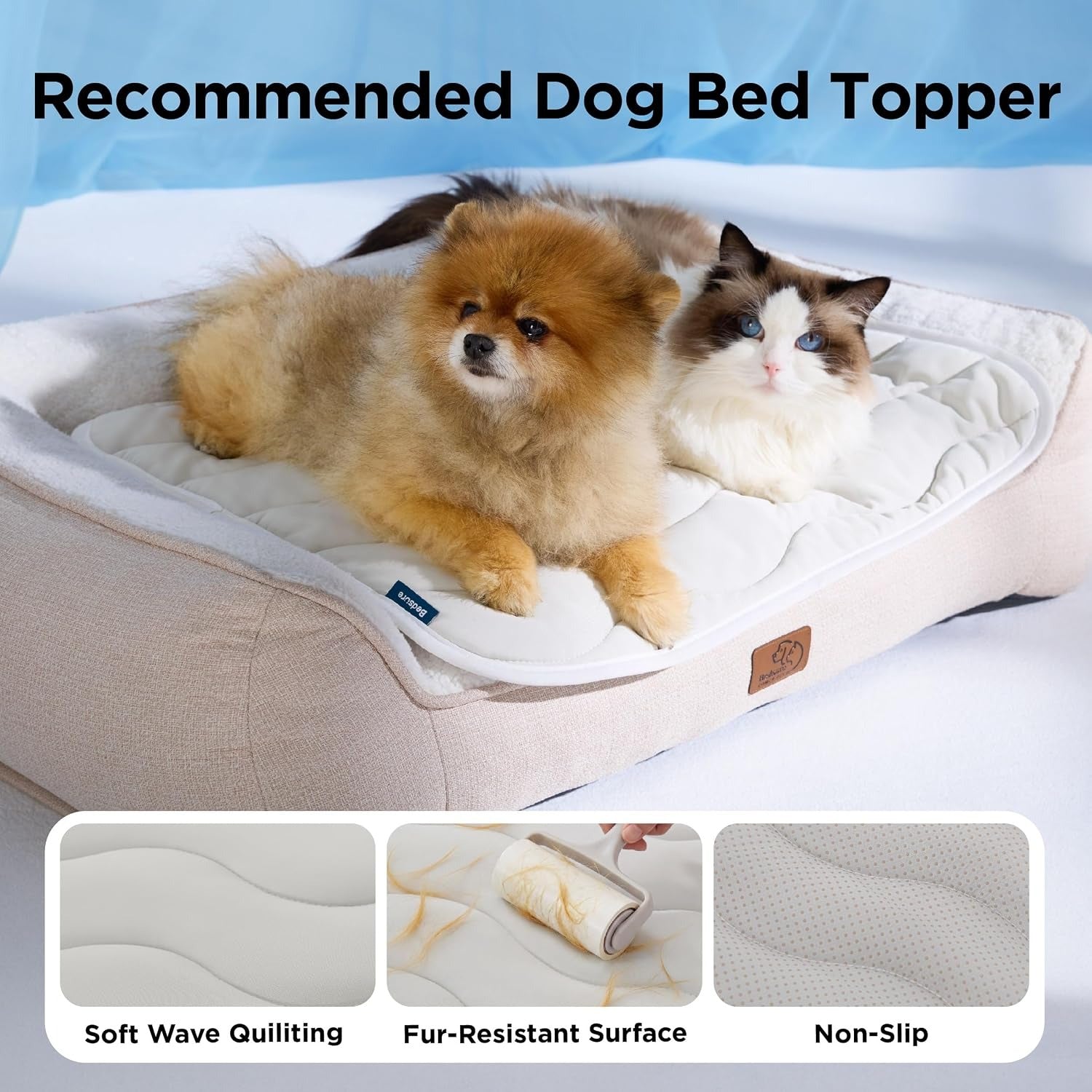 Dog and cat lying on a dog bed topper with features highlighted.